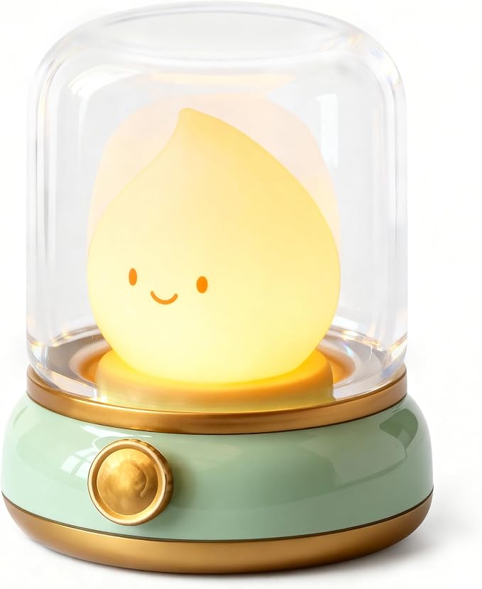 Smiley Night Light, Rechargeable Bedside Lamp with Timer & Dimmable Candle Flame, Portable LED Light for Baby Nursery, Bedroom, Camping - Cute Desk Decor & Gift