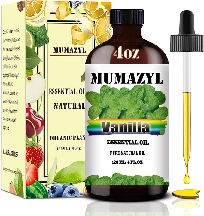 Vanilla Essential Oil, Vanilla Oil 4 Fl Oz 120ML for Diffuser Humidifier Yoga Cleaning DIY Candle Soap Making MUMAZYL Essential Oils