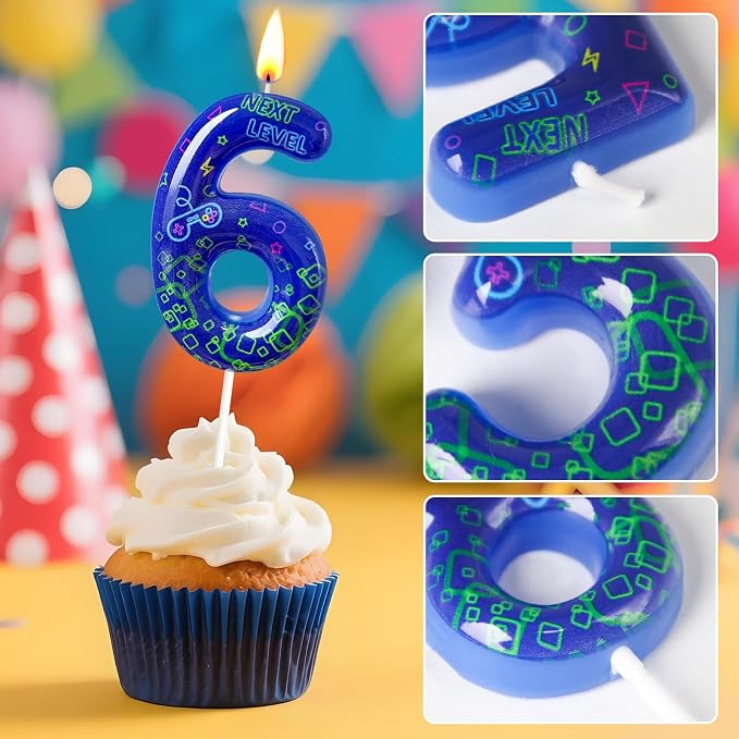 Number 6 Birthday Candle for Cake – Blue Gaming Theme Number Candle with “Next Level” Design, Video Game Style Cake Topper for Anniversary & Celebration