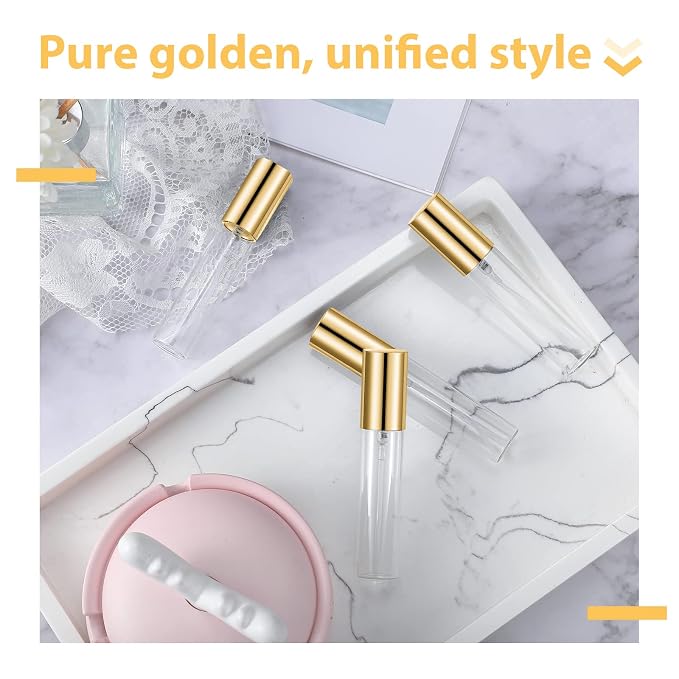 Yinder 25 Pcs 10 ml Glass Refillable Perfume Bottles Bulk Travel Empty Perfume Atomizer Sprayers Portable Spray Bottles Mini Sample Fragrance Containers, Gold