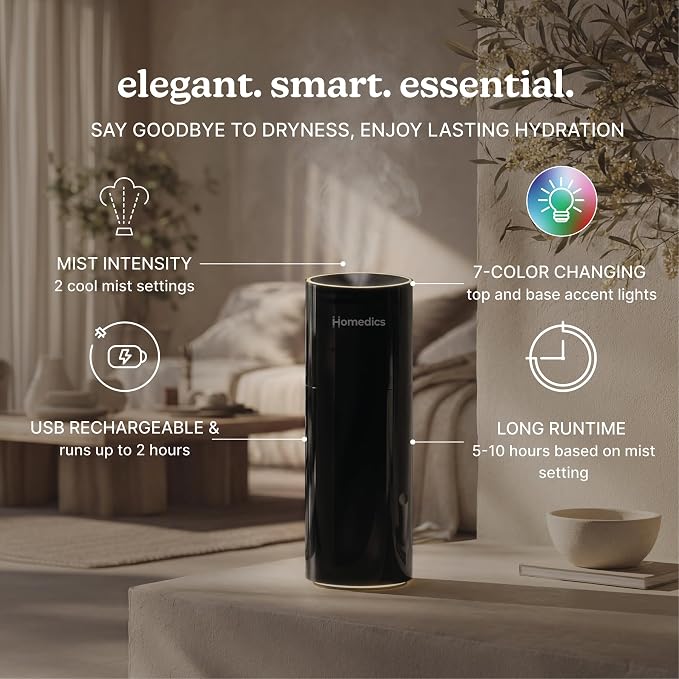 Homedics Portable Humidifier – Small Ultrasonic Cool Mist Humidifier for Bedroom, Desk & Travel, Mini Personal Humidifier, 7.7 oz Tank, Auto Shutoff, Night Light, Rechargeable (Gloss Black)