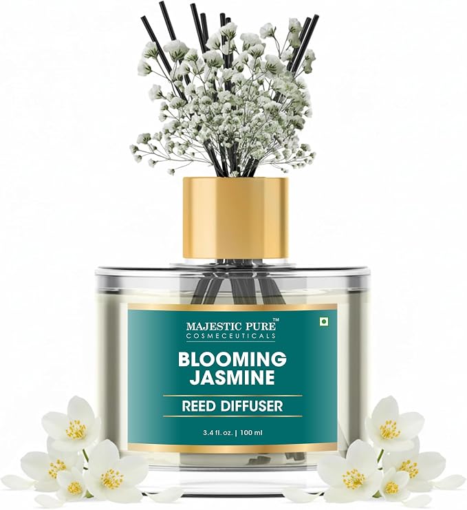 Majestic Pure Blooming Jasmine Reed Diffuser for Home, Bathroom & Office | Natural Aromatherapy Air Freshener & Room Fragrance, with Reed Sticks & Dried Flowers 3.4 fl oz