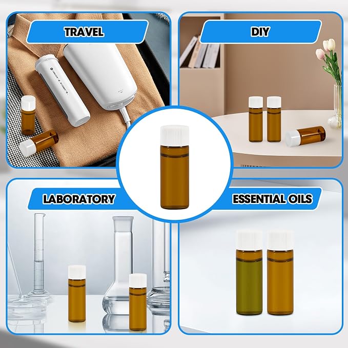 50PCS 10ml Amber Glass Vials with White Screw Caps and Plastic Stoppers, Leak-Proof Small Liquid Sample Bottles for Essential Oils, Perfumes, Reagents