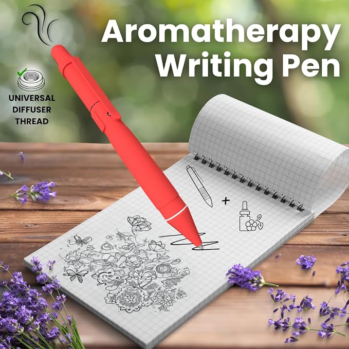 Aromatherapy Writing Pen Battery with Real Ink Tip and Hidden Diffuser Port, Soft Touch Ballpoint for Note Taking, Signature, and On-The-Go Relaxation, Rechargeable Wellness Gift for Office (Red)