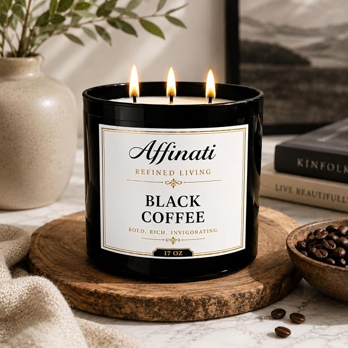 Affinati Black Coffee 3-Wick Scented Candle – Large Soy Blend Candle, Strong Scent Throw Rich Roasted Espresso Cafe Gourmand Candle, Premium Room Odor Eliminator Gift