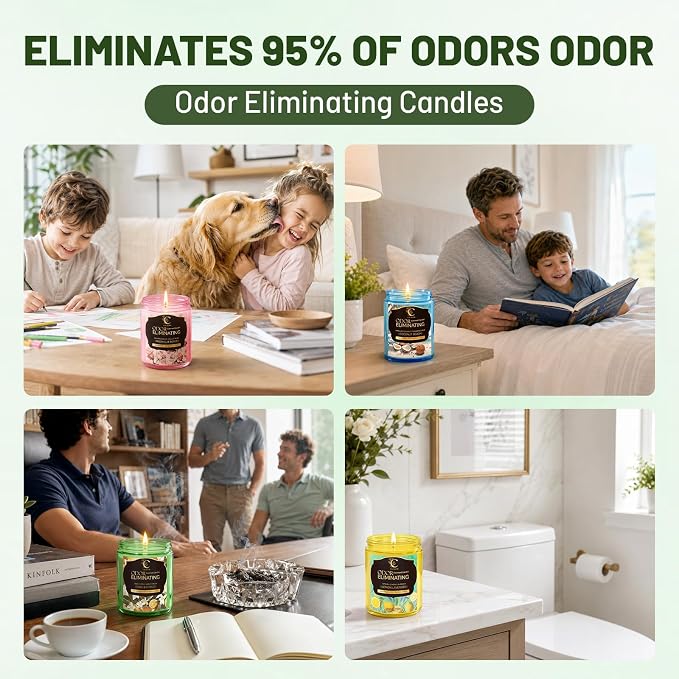 4 Pack Odor Eliminating Candles Set for Pet Smoke, Scented Candles for Home Decor Non Toxic Soy Wax Candle for Relaxing Stress Relief Women Men, 50 Hours Burning Time, House Warming Gifts for Host