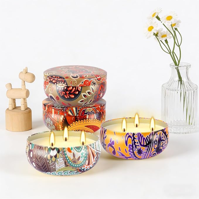 Set of 4 Large 13.5 oz Scented Citronella Candles Outdoor, Natural Soy Wax Floral Tin Candles with Cotton Wicks, Smokeless & Dripless for Patio Garden Camping, Summer Housewarming Gift