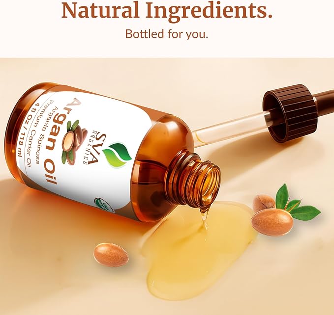 SVA Argan Oil Organic - 4 Fl Oz – 100% Natural Cold Pressed Organic Argan Oil - for Face, Skin Care, Hair Care, Scalp Massage & Body Massage – Carrier Oil with Dropper