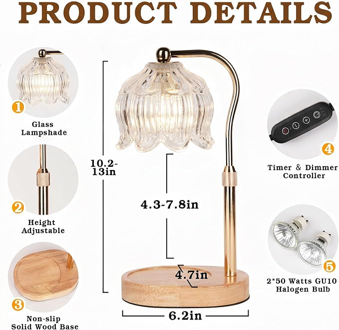 Funistree Flower Candle Warmer Lamp with Timer, Dimmable Candle Lamp Warmer, Christmas Birthday Gifts for Women Mom Her, Housewarming Home Decor, Lotus Wax Warmer for Yankee Candles - Crystal Clear