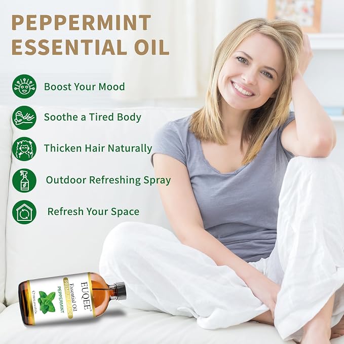 EUQEE Peppermint Essential Oil 118 ml Peppermint Oil with Glass Dropper, Great for Aromatherapy, Diffuser, Soap Candle Making - 4Fl. Oz