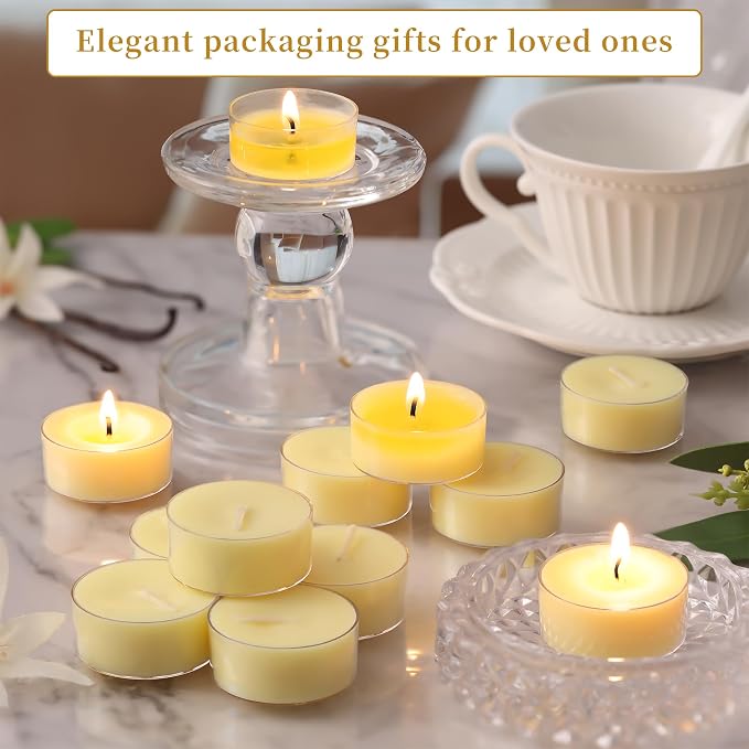 DEVI Vanilla Scented Tea Lights Candles 12 Pack, 5 Hours Natural Palm Tea Candles Bulk for Home Scented, Small Tealight Votives with Essential Oils for Home, Wedding, Baby Shower Favors & Gifts
