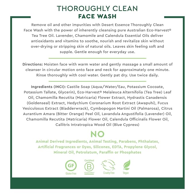 Desert Essence Tea Tree Face Wash 32 fl oz - Facial Cleanser with Natural Tea Tree Oil for Daily Use - Gentle Castile Formula for Sensitive and Oily Skin - Vegan and Cruelty-Free