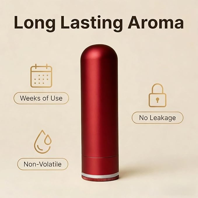No-Leak Metal Aromatherapy Inhaler, Essential Oil Nasal Diffuser Featuring Wick Holder for Easy Filling & Long-Lasting Scent, BPA-Free Travel Stick for Anxiety Relief - Red