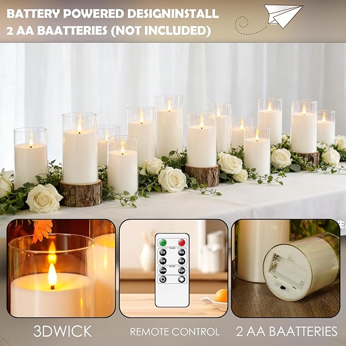 kakoya Flickering Flameless Candles Battery Operated with Remote and 2/4/6/8 H Timer Acrylic Led Pillar Candles Pack of 9 (D 3" xH 4" 5" 6") with Realistic 3D Wick Candles for Home Decor(White)