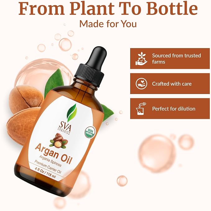 SVA Argan Oil Organic - 4 Fl Oz – 100% Natural Cold Pressed Organic Argan Oil - for Face, Skin Care, Hair Care, Scalp Massage & Body Massage – Carrier Oil with Dropper