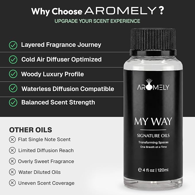 AROMELY My Way Diffuser Oil Blend | Luxury Home Fragrance Oil for Diffusers | Inspired by 1 Hotel | Signature Scent with Notes of Leather, Cardamom, Lemon, Cedarwood, Iris & Amber | 120ml