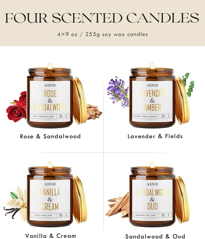 AOOVOO Vanilla/Lavender/Sandalwood/Rose Candles - 36 oz Scented Candles, Aromatherapy Candle, Soy Candle for Home Scented