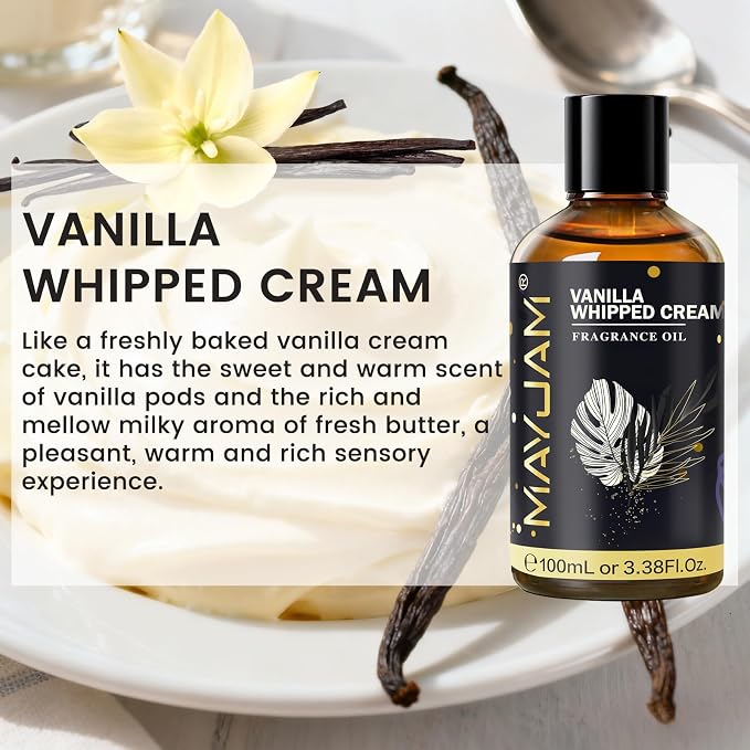 Vanilla Whipped Cream Fragrance Oil Essential Oil, MAYJAM 3.38FL.OZ Vanilla Whipped Cream Oil for Diffusers for Home, Long Lasting Scented Oils for Soap Candle Making - 100ML