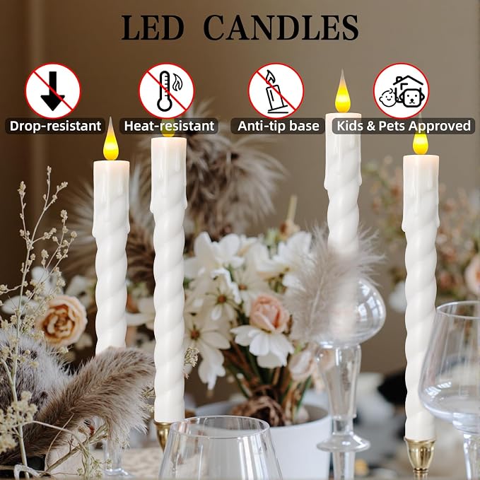 Flameless Taper Candles Flickering with Remote,Timer, Dimmer,9.7 Inch 6 Pack White Candle,Realistic Wax Drip,Battery Operated Taper Candles for Christmas Wedding Halloween Home Decor