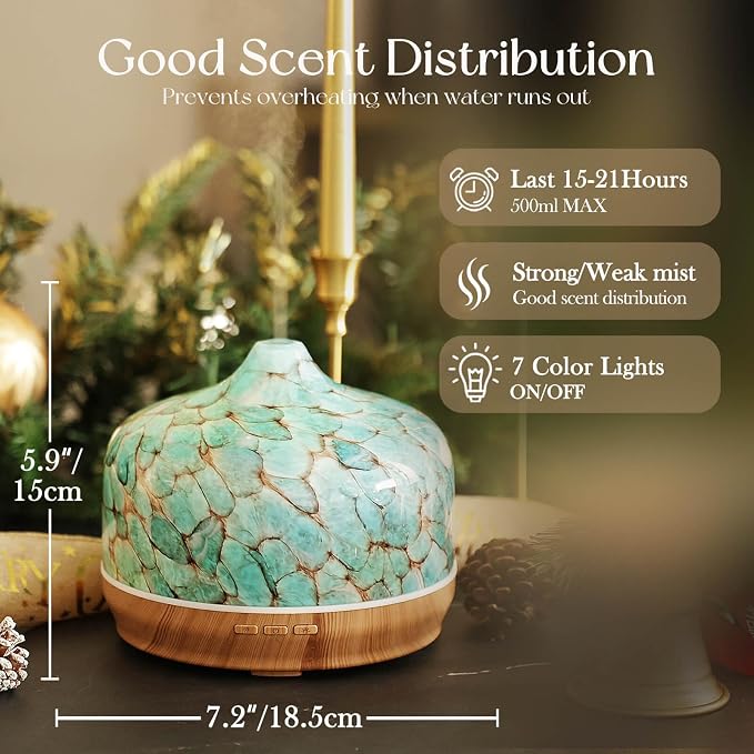 Porseme 500ml Glass Essential Oil Diffuser Aromatherapy Ultrasonic Cool Mist Humidifier 15-21 Running Hours Waterless Auto-Off Air Diffusers for Sleeping Yoga Working Spa(Light Blue)