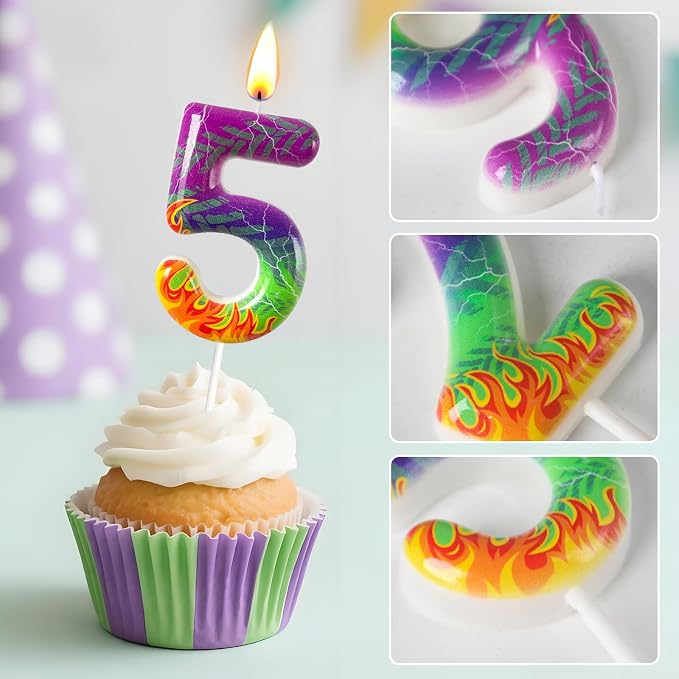 Number 5 Birthday Candle for Cake – Purple Green Flame Design with Lightning & Tire Track Pattern – Off-Road Truck Theme Cake Topper for Birthday Party Decoration