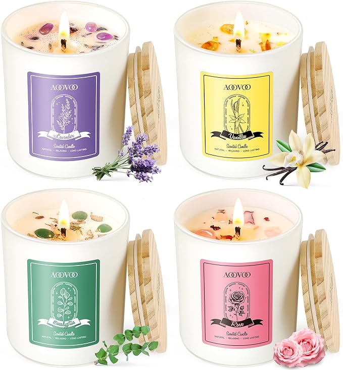AOOVOO Rose/Vanilla/Eucalyptus/Lavender Scented Candles for Women - Aromatherapy Candle with Crystals Inside, 28oz Soy Candles for Home Scented, Birthday Gifts Mothers Day Candle for Women Mom