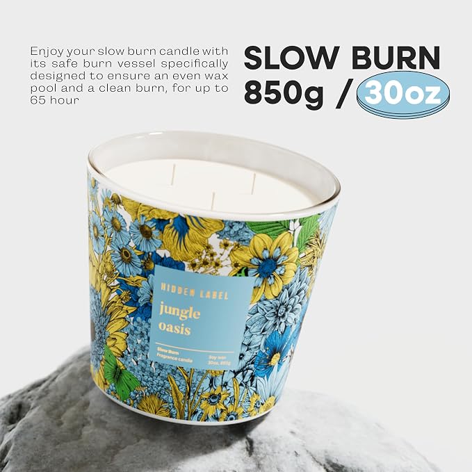 Hidden Label Jungle Oasis Candle, 30oz 3 Wick Large Soy Candle Non Toxic for Home, Scented Candles Aromatherapy Floral Decorative, 100H Relaxing Candles Gift