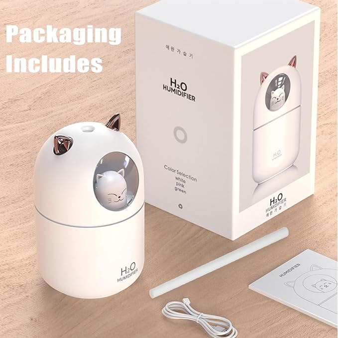 Small Humidifier Cute Portable Cool Mist Humidifier 300ML 7 Color Night Light USB Air Humidifier for Bedroom Office Desk Car Plants Travel (White)