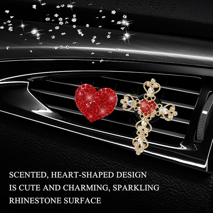 2 PCS Bling Car Vent Clip, Crystal Rhinestone Cross and Heart Car Air Fresheners Vent Clips, Diamond Car Air Conditioner Outlet Decoration Charm for Women, Car Accessories (Red)