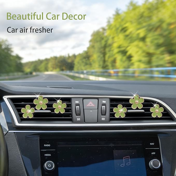 ORIESSE Sage Green Flower Car Decor,6pcs Light Green Daisy Car Air Freshener Air Vent Clips,2 Sizes Flowers Dashboard Decorations Accessories for Women,Girly Refillable Diffuser