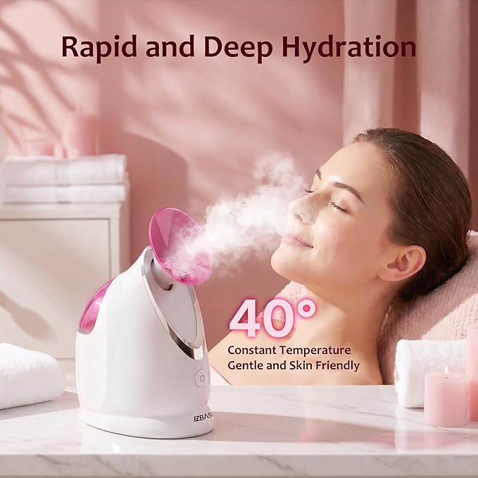 EZBASICS Facial Steamer - Professional Nano Ionic Face Steamer for Facial Deep Cleaning, Warm Mist Humidifier for Home Spa, Unclogs Pores Sinus, Bonus 5 Piece Stainless Steel Skin Kit (Pink)