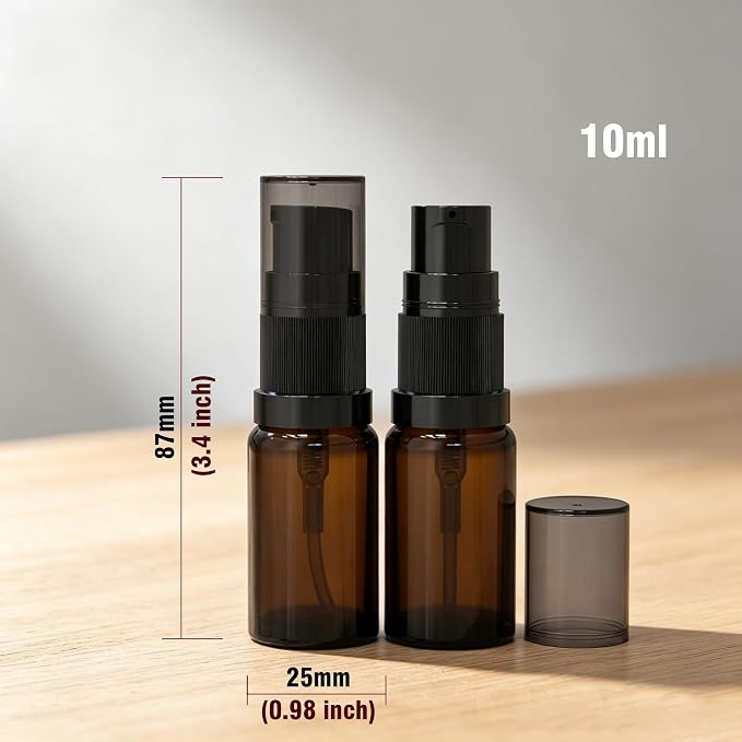 10ml Empty Glass Pump Bottle Dispenser 6 Pack,Amber Travel Refillable Bottles Dispenser For Lotion Cream Essential Oil Shampoo, Small Cosmetic Containers 1/3oz (10ml Amber 6pcs)