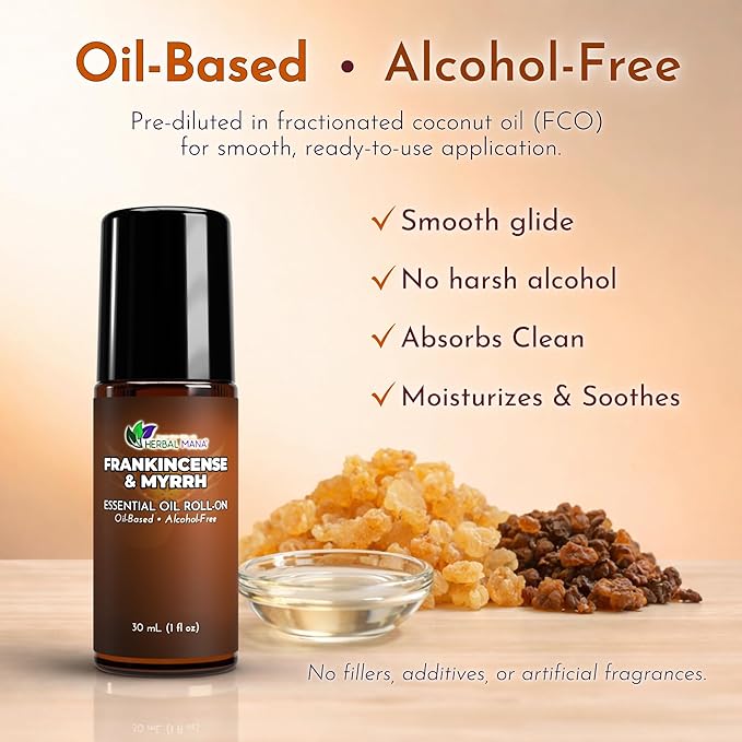 Frankincense & Myrrh Essential Oil Roll-On, 30 mL (1 fl oz) – Pre-Diluted Aromatherapy Rollerball in Fractionated Coconut Oil (FCO) – Alcohol-Free Pulse Point Oil Roller