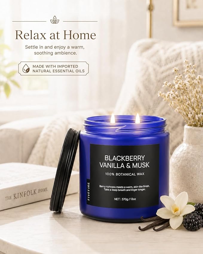 BlackBerry Vanilla Musk Home Scented Candles, 13oz Organic Soy Wax, 76-Hour Clean Burning, Natural Non-Toxic, Fruity & Warm Sensual Scent for Relaxation, Aromatherapy Housewarming Candle Men Women
