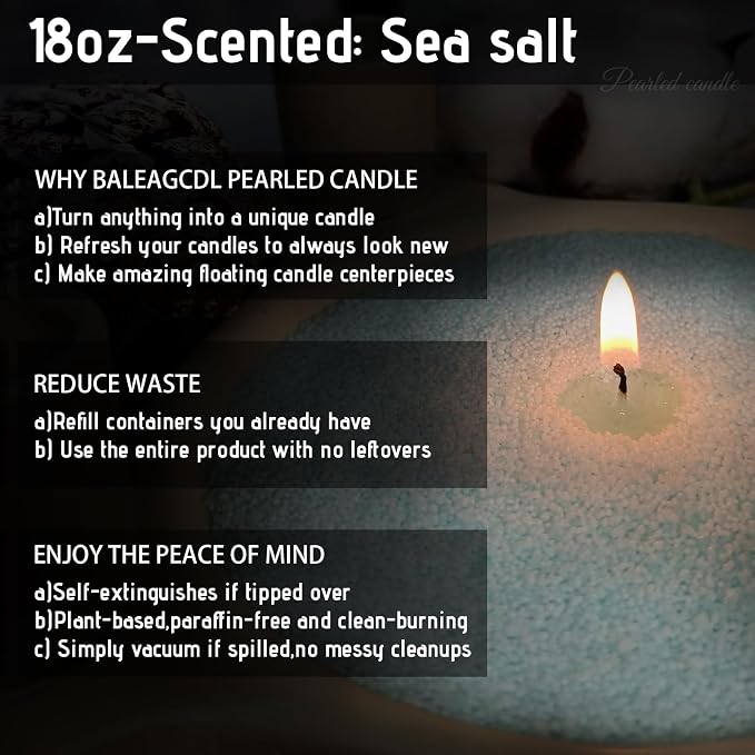 Saltwind Still Pearled Candle, 18 Oz Sea Salt Scented Sand Candle with 30 Wicks, 120 Hours Long Lasting Clean Burning, Refillable Light Blue Pearled Wax for DIY Decor