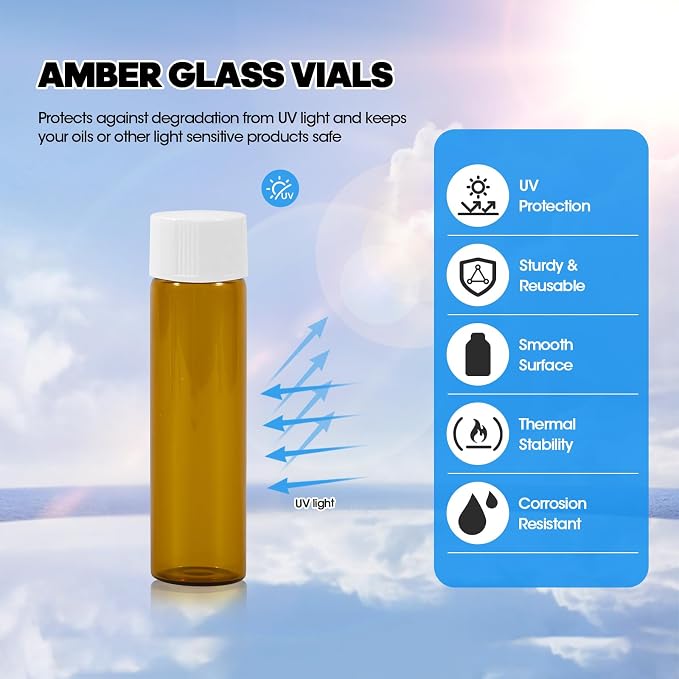12PCS 20ml Amber Glass Vials with White Screw Caps and Plastic Stoppers, Leak-Proof Small Liquid Sample Bottles for Essential Oils, Perfumes, Reagents