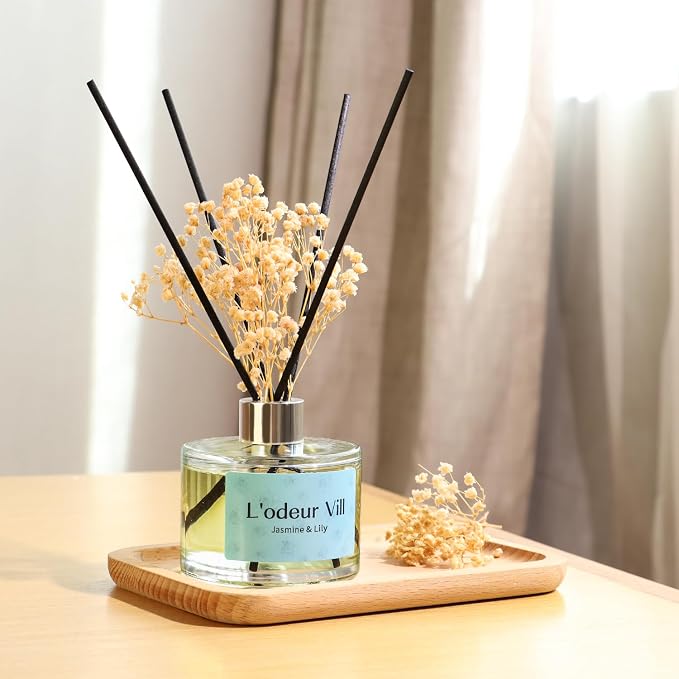L'odeur Vill Reed Diffuser Set, 6.7 oz(200ml) Jasmine & Lily Scented Diffuser with 6 Oil Diffuser Sticks, Home Fragrance Essential Oil Reed Diffuser for Home Large Rooms Bathroom Shelf Decor