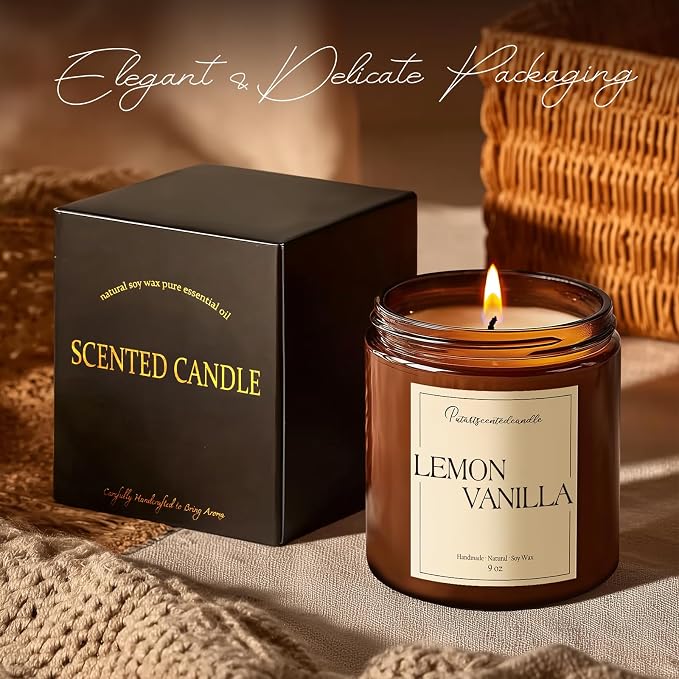 Lemon Vanilla Scented Candle for Home, Natural Soy Wax Aromatherapy Non Toxic Candle Gifts for Women & Men, Handmade Highly Scented & Long Lasting Jar Candle for Stress Relief (9oz)