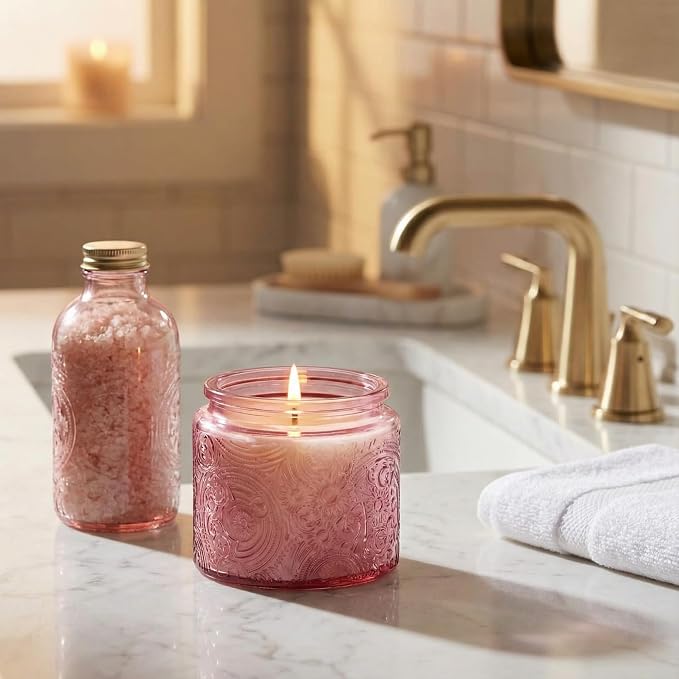 10 oz Pink Sun Moon Stars Candle Jars with Metal Lids, 9 Pack | Patented Embossed Design, Includes Wick Centering Devices & Warning Labels, Multiple Color Options