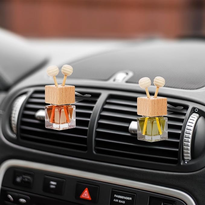 WRINGKIT 20 Pack Car Diffuser Bottles Empty, Essential Oil Diffuser Bottle with Vent Clip, Clear Glass Perfume Bottle, Wooden Cap Aromatherapy Car Air Freshener Diffuser for Auto Fragrance, Cars Decor