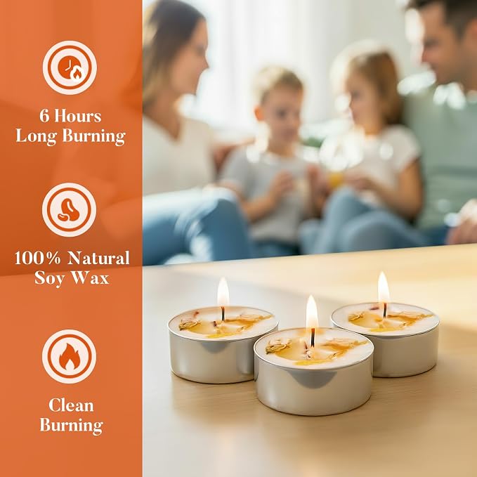 Crenovo Scented Tea Lights Candles with Dried Jasmine Flowers, 16 Pcs Soy Tealight Candles, 6-7 Hours Burning Candles Bulk for Weddings, Small Tea Light for Home, Spa