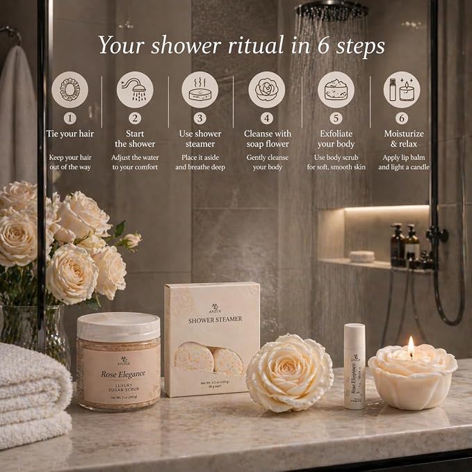 Luxury Rose Spa Gift Set for Women, Home Spa Kit with Candle, Bath Salt and Body Scrub, Self Care Kit is Elegant Gift for Mom, Wife or Girlfriend