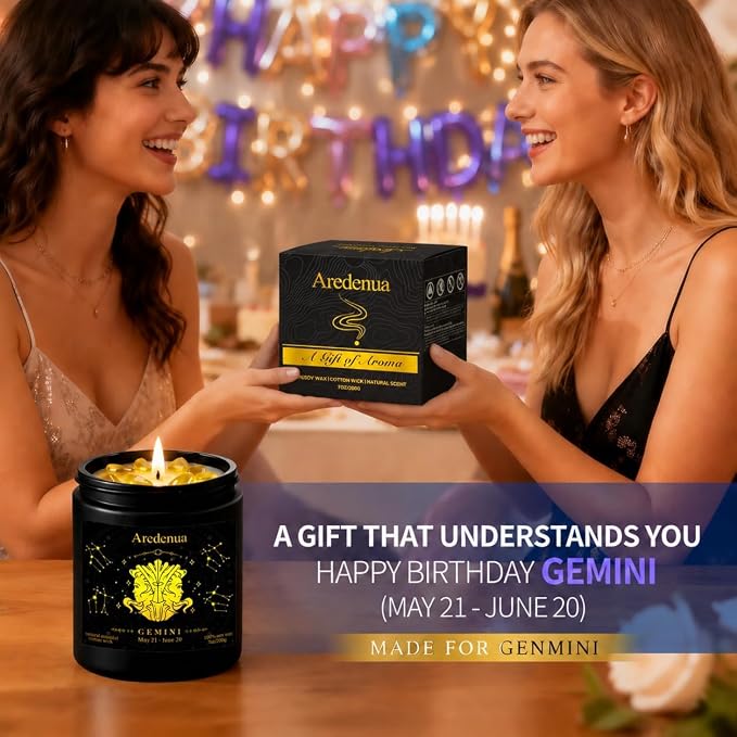 Gemini Birthday Gifts for Women | Zodiac Crystal Candle with Genuine Citrine Healing Crystals, Lemon Scented Soy Candle 7oz 50 Hour Burn for Anxiety Relief, Unique Astrology Gifts for Gemini
