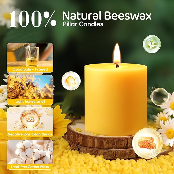 4 Pack Natural Beeswax Pillar Candles,2x2in 100% Pure Beeswax Candles-80 Hours Long Burning,Unscented Bees Wax Candles for Home,Prayer,Emergency,Dripless Smokeless Organic Pillar Candles Bluk