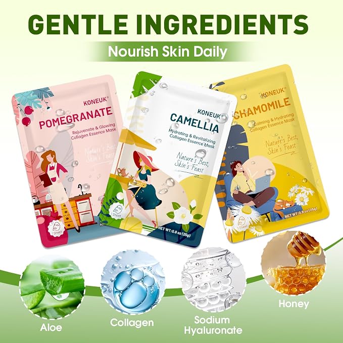 KONEUK 72 Pack Bulk Hydrating Face Masks Skincare, Collagen Sheet Face Mask for Dry, Oily Skin, Spa Gifts for Women Skin Care, Sleepover Party Supplies, Party Favors, Birthday Gifts (9 Types x 8 Pcs)