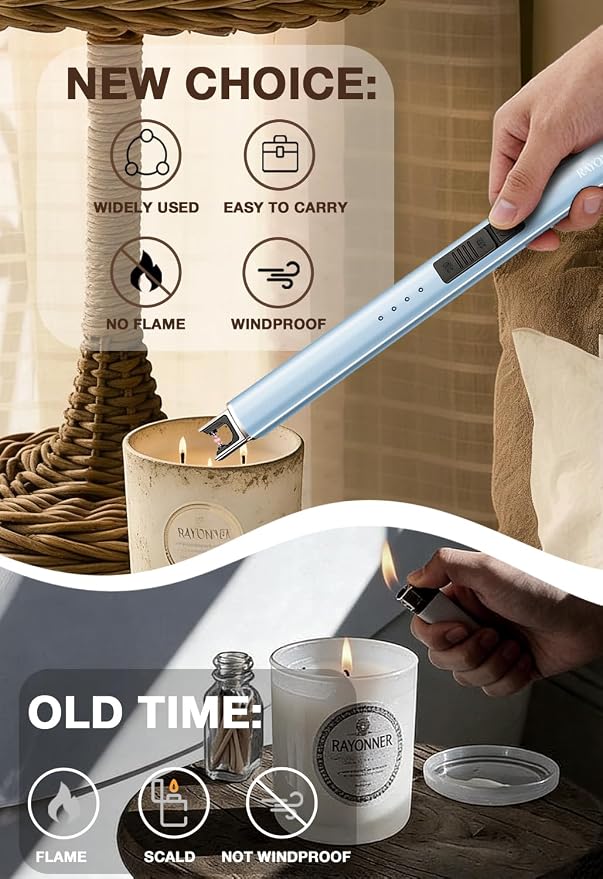 Electric Candle Lighter USB Rechargeable Plasma Arc Windproof Flameless with Safety Lock Ideal for Candle BBQ Camping Birthday Housewarming Gifts for Women & Men (Sierra Blue, 1 Count)