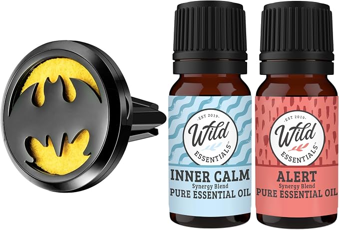 Wild Essentials Black Bat Essential Oil Car Vent Diffuser Kit – 316L Stainless Steel Locket, Rubber-Coated 4-Way Clip, 8 Color Pads (22mm), 25mm – Includes Alert & Inner Calm (2 x 10ml)