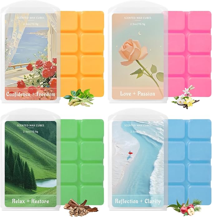 SCENTORINI Wax Melts, Wax Cubes Strong Scent, Summer Scent Candle Wax for Healing Calming Relax, Scented Soy Wax Melts for Warmer, 2.5oz*4 Pack, Home Fragrances and Decoration