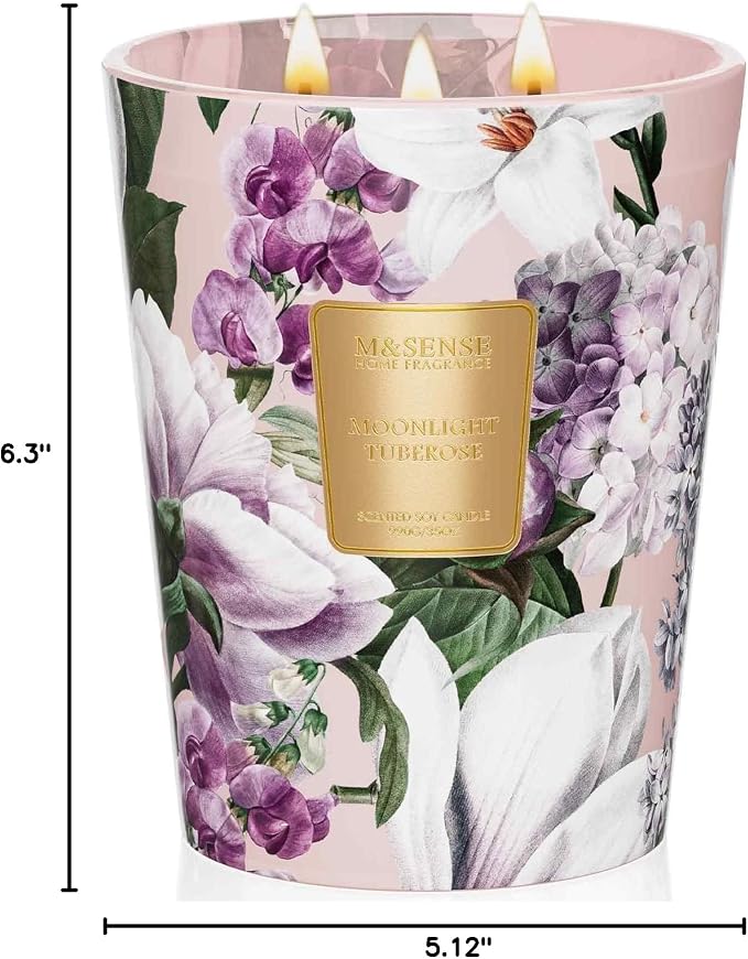 M&SENSE Moonlight Tuberose Large Scented Candle, 35oz 3 Wick 150H Long Lasting Natural Soy, Organic Relaxing Aromatherapy Candle, Housewarming Gifts