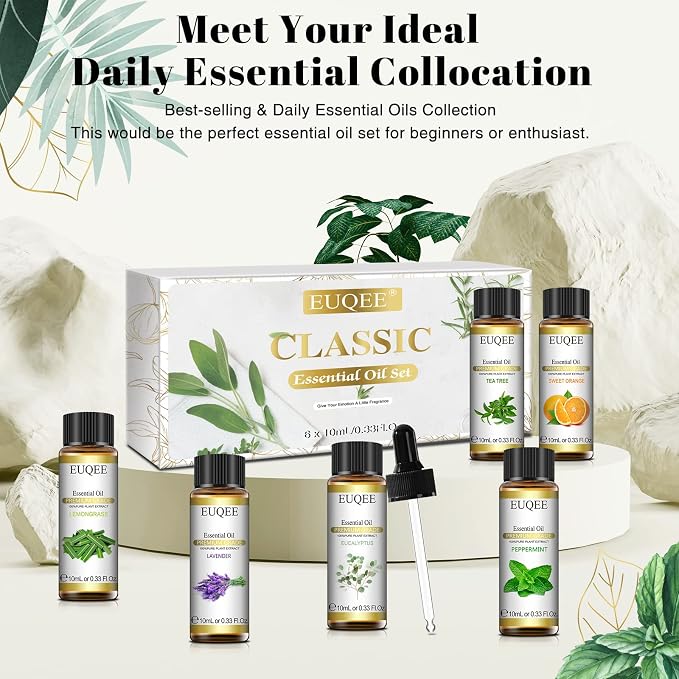 EUQEE 6 Pcs Pure Essential Oils Set, Premium Classic Scent Kit for Diffuser, Massage, Bath, DIY Crafts, Home Fragrance – Lavender, Eucalyptus, Peppermint, Tea Tree, Sweet Orange, Lemongrass